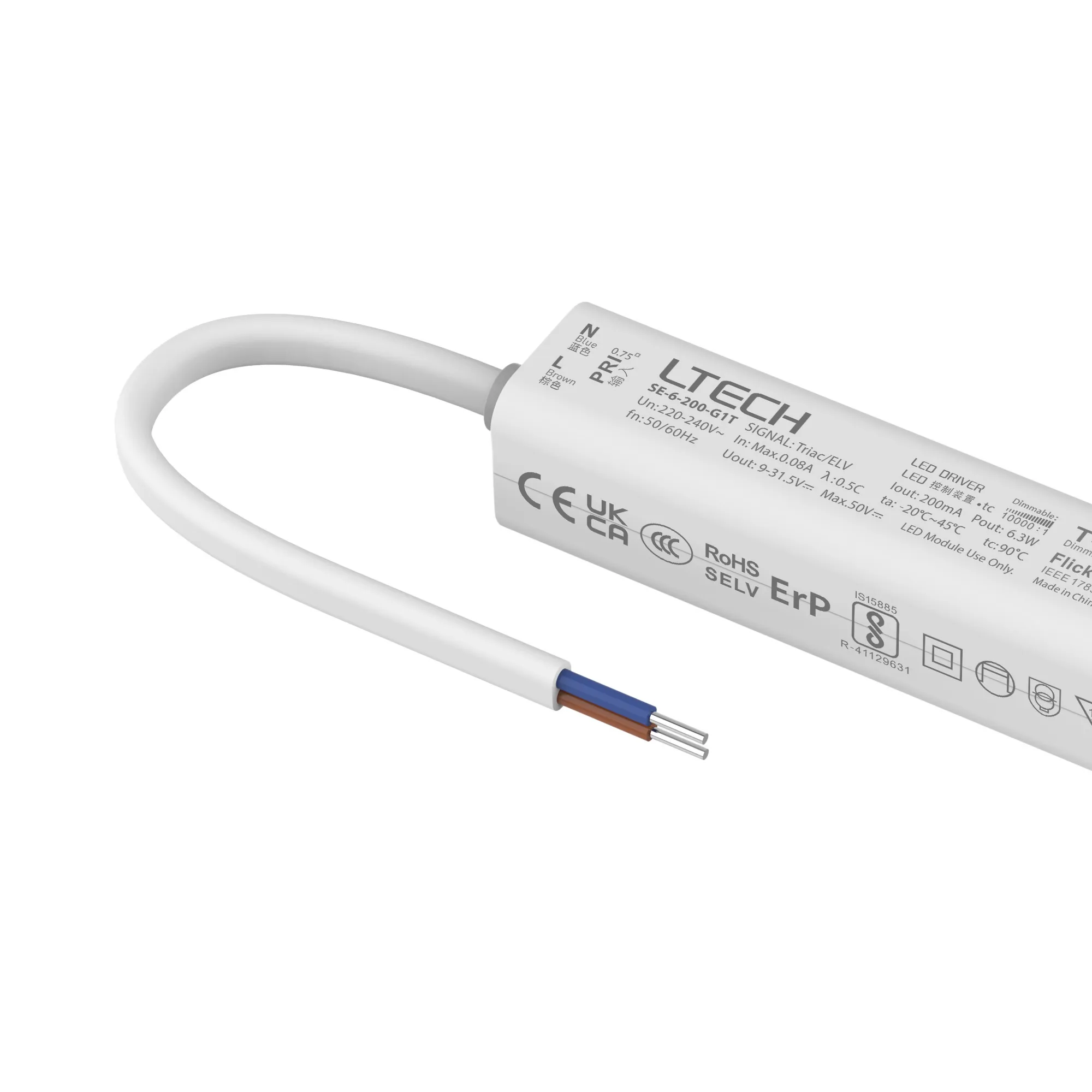 Triac/ELV, PWM,6W, C. Current Dimmable Driver, 200mA, DC:9-42Vdc, EFF>70%, IP20. SE-6-200-G1T  LTECH Triac Constant Current